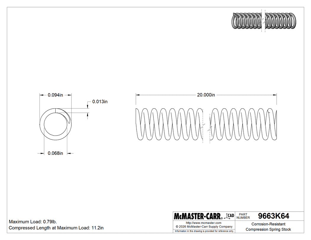 Technical Drawing of Corrosion-Resistant Compression Spring Stock, 20" Long, 0.094" OD, 0.068" ID.